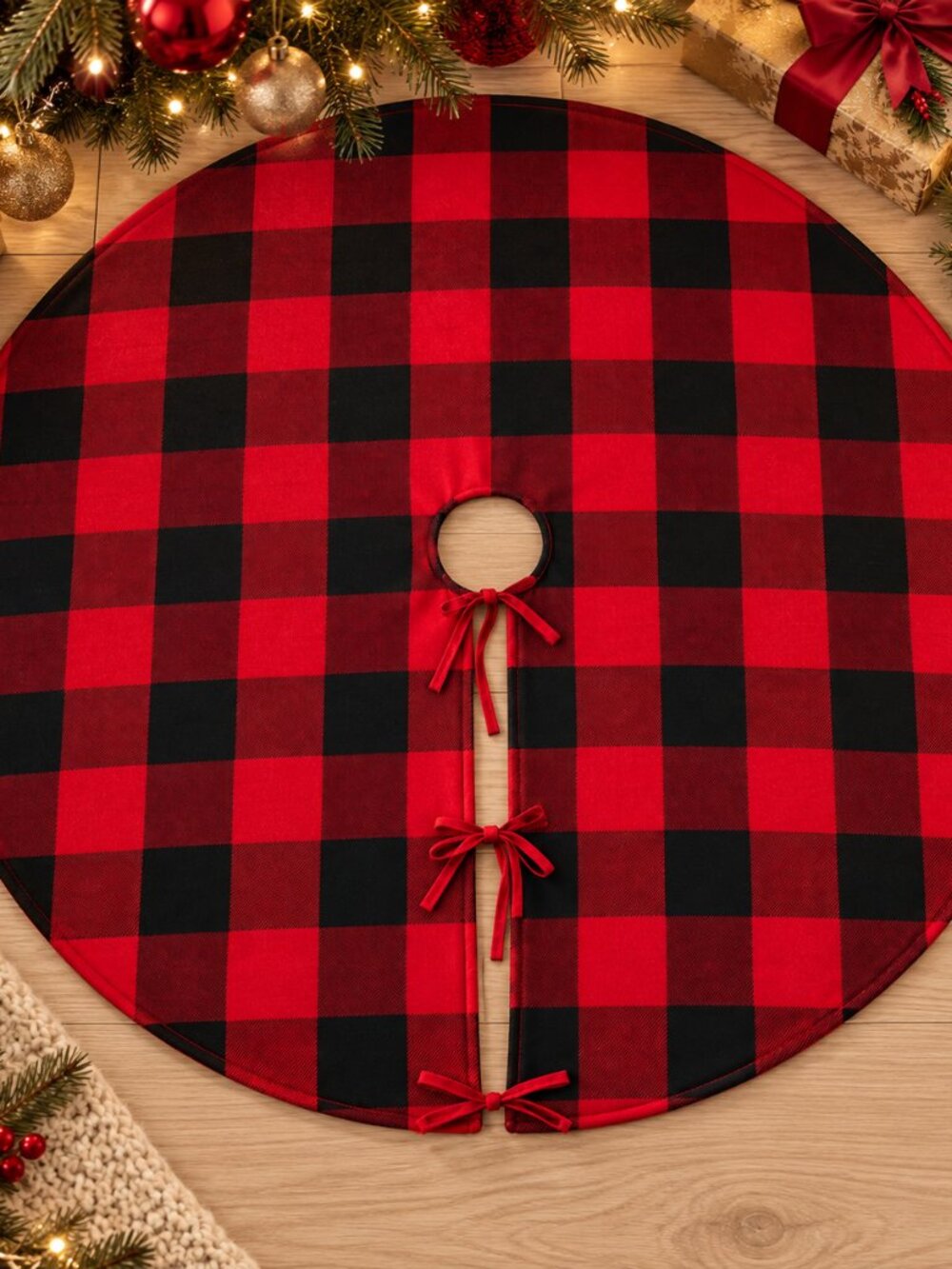 Black & Red Buffalo Plaid Cotton Christmas Tree Skirt – 53" with Tie Closure